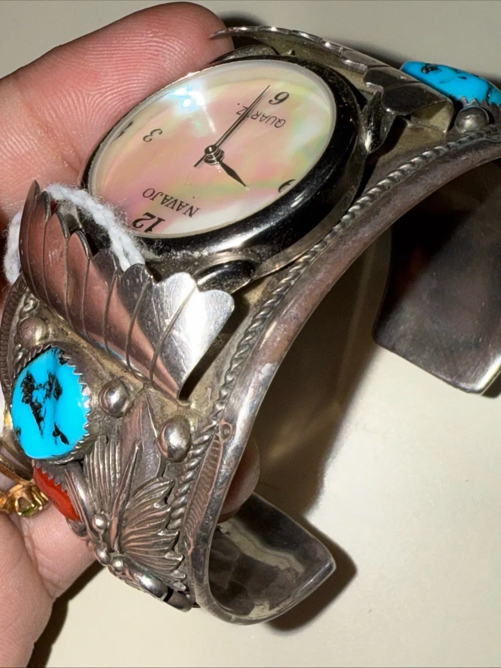 Vintage Sterling Silver Navajo Turquoise and coral inlay cuff watch